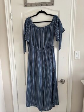 H&M Blue Striped Off-Shoulder Jump Suit